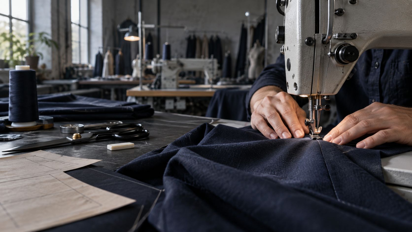 Garment being constructed on an industrial sewing machine