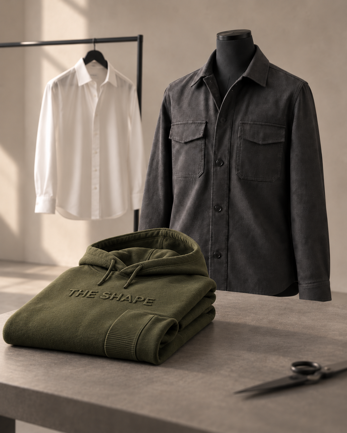 Concept image of an unbranded charcoal menswear overshirt